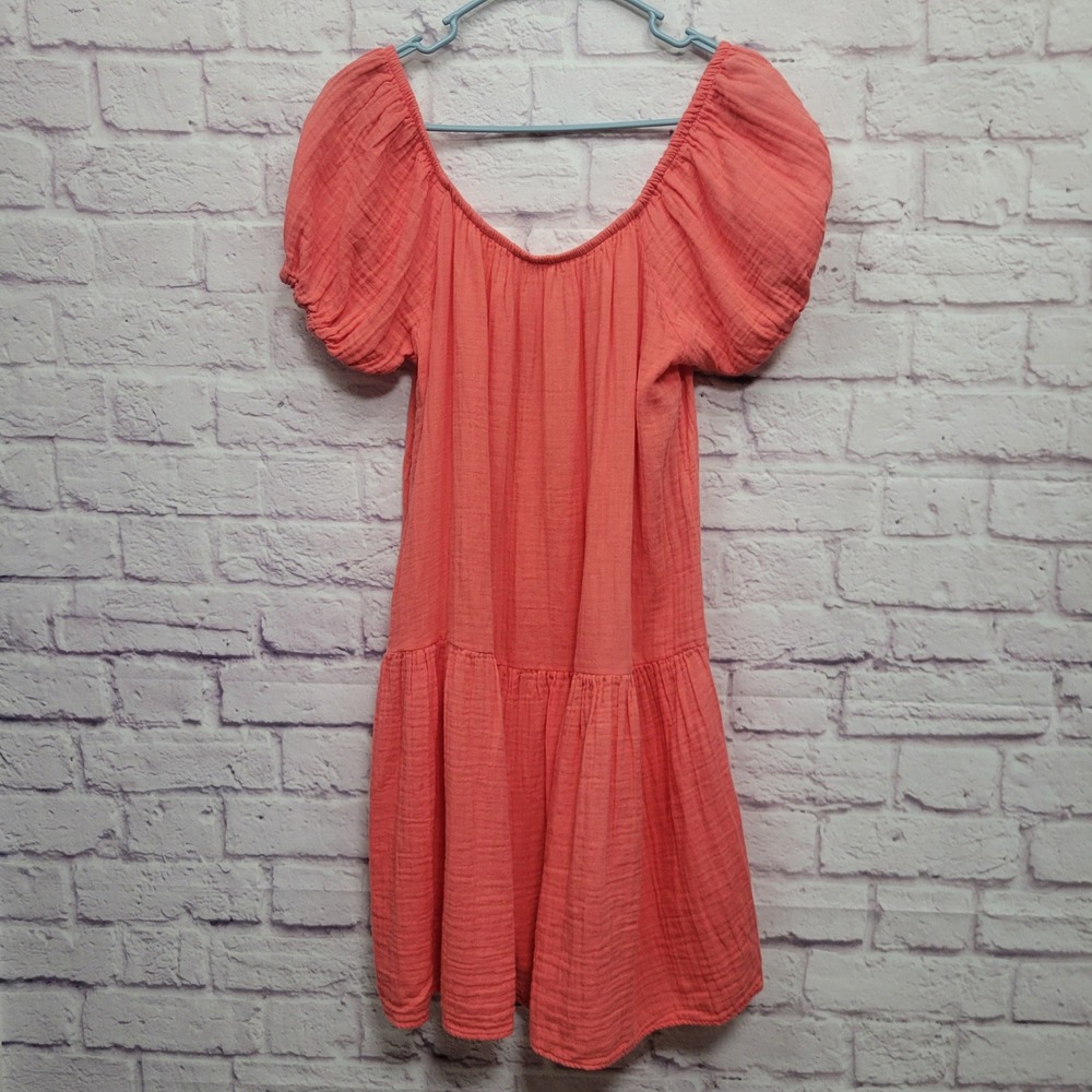 NEW Stark X Gauzy Tiered Dress Size M Coral Orange Puff‎ Sleeves Cottage Boho